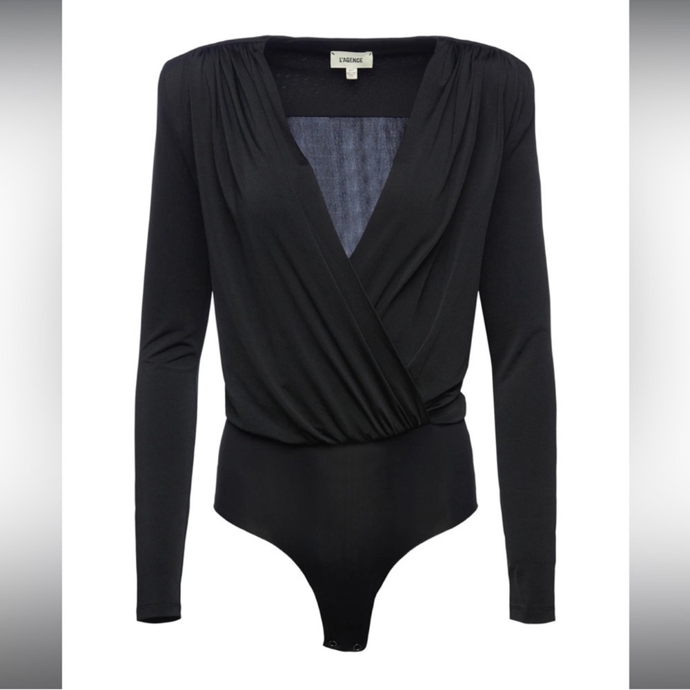 NWOT L'AGENCE Black Draped Wrap Long-Sleeve Bodysuit - Picture 4 of 9